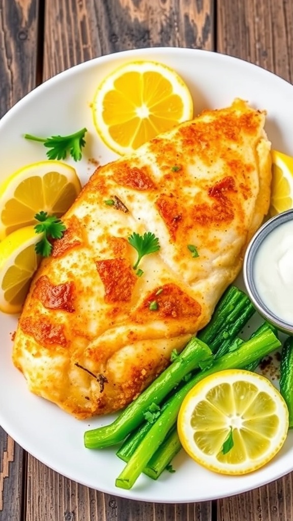 Crispy air fryer walleye fillet garnished with lemon and parsley, served with vegetables and tartar sauce.